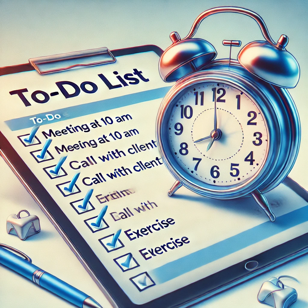 DALL·E 2025 01 14 19.05.56 An artistic illustration of a to do list and an alarm clock symbolizing productivity and time management. The to do list features checkboxes with task